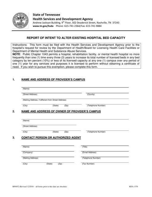 Form HF-0052 Report of Intent to Alter Existing Hospital Bed Capacity - Tennessee