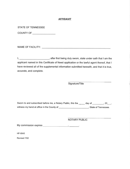 Form HF-0043 Affidavit - Tennessee