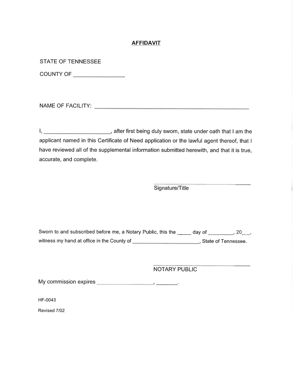 Form HF-0043 Affidavit - Tennessee, Page 1