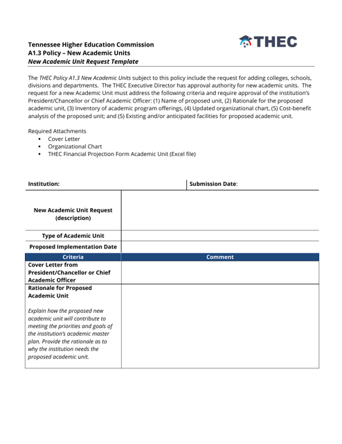 New Academic Unit Request Template - Tennessee Download Pdf