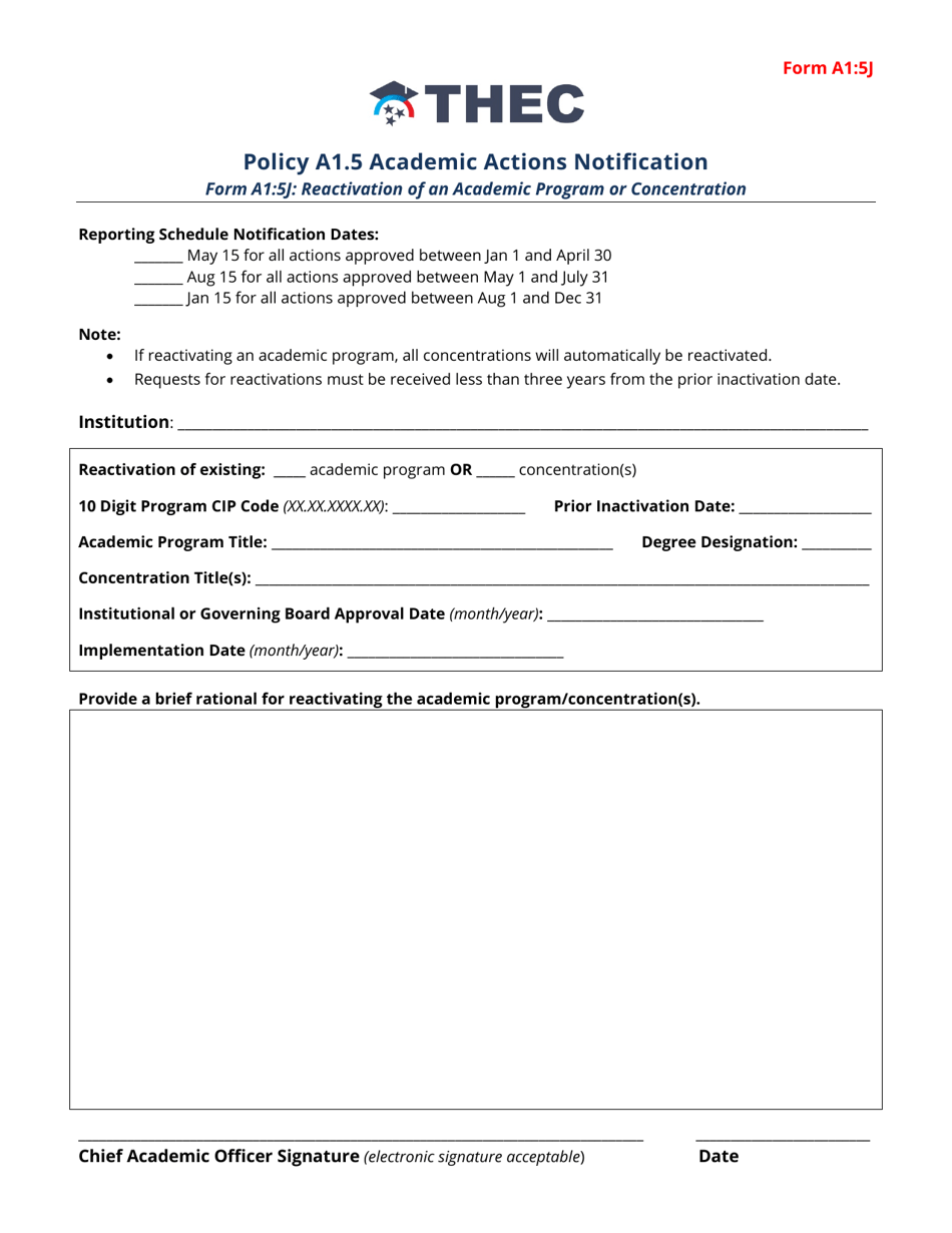 Form A1:5J Reactivation of an Academic Program or Concentration - Tennessee, Page 1