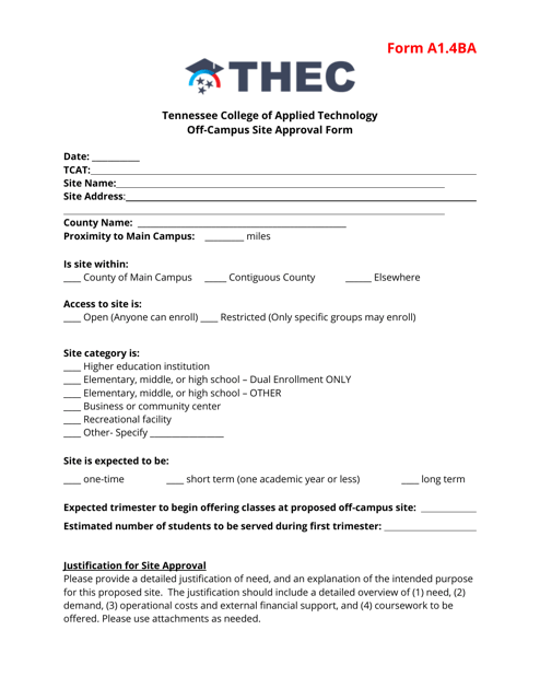 Form A1.4BA Tennessee College of Applied Technology off-Campus Site Approval Form - Tennessee