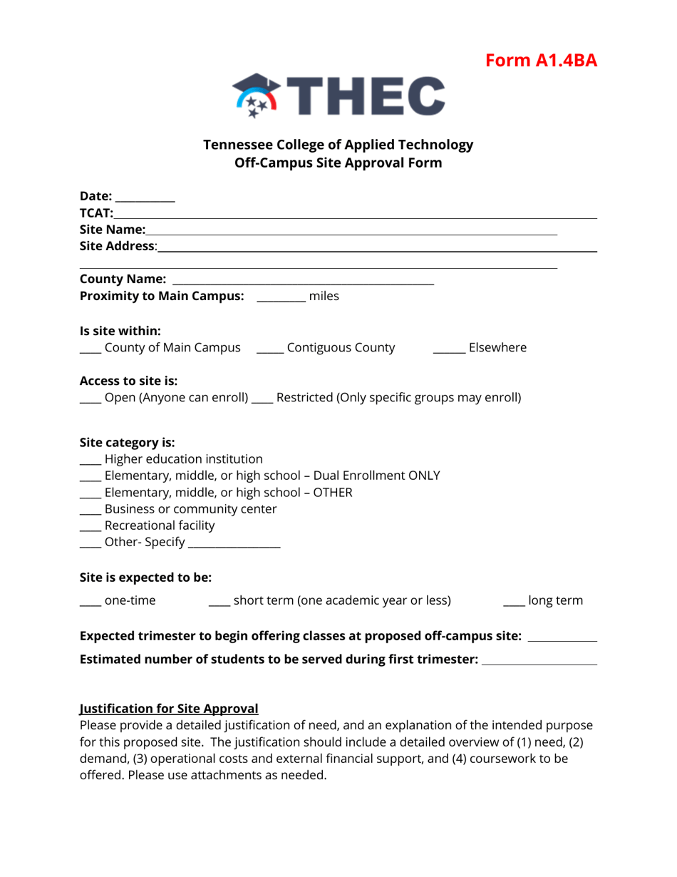Form A1.4BA Tennessee College of Applied Technology off-Campus Site Approval Form - Tennessee, Page 1