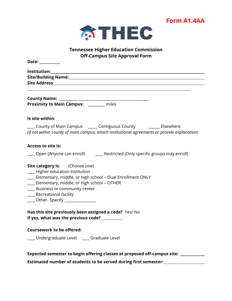 Form A1.4AA Tennessee Higher Education Commission off-Campus Site Approval Form - Tennessee, Page 1