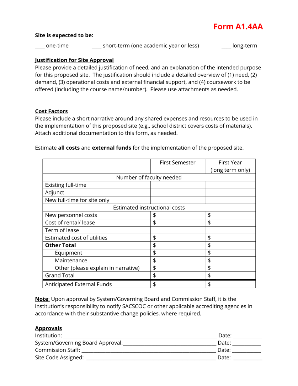 Form A1.4AA Tennessee Higher Education Commission off-Campus Site Approval Form - Tennessee, Page 2