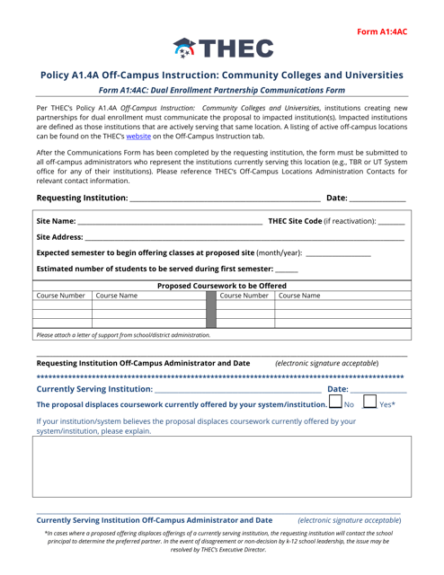 Form A1:4AC Dual Enrollment Partnership Communications Form - Tennessee