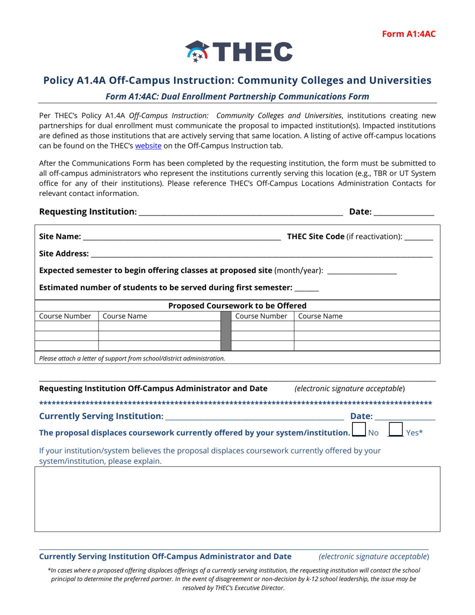 Form A1:4AC Dual Enrollment Partnership Communications Form - Tennessee, Page 1