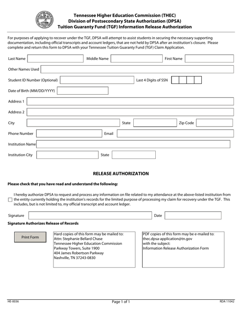 Form HE-0036 Tuition Guaranty Fund (Tgf) Information Release Authorization - Tennessee