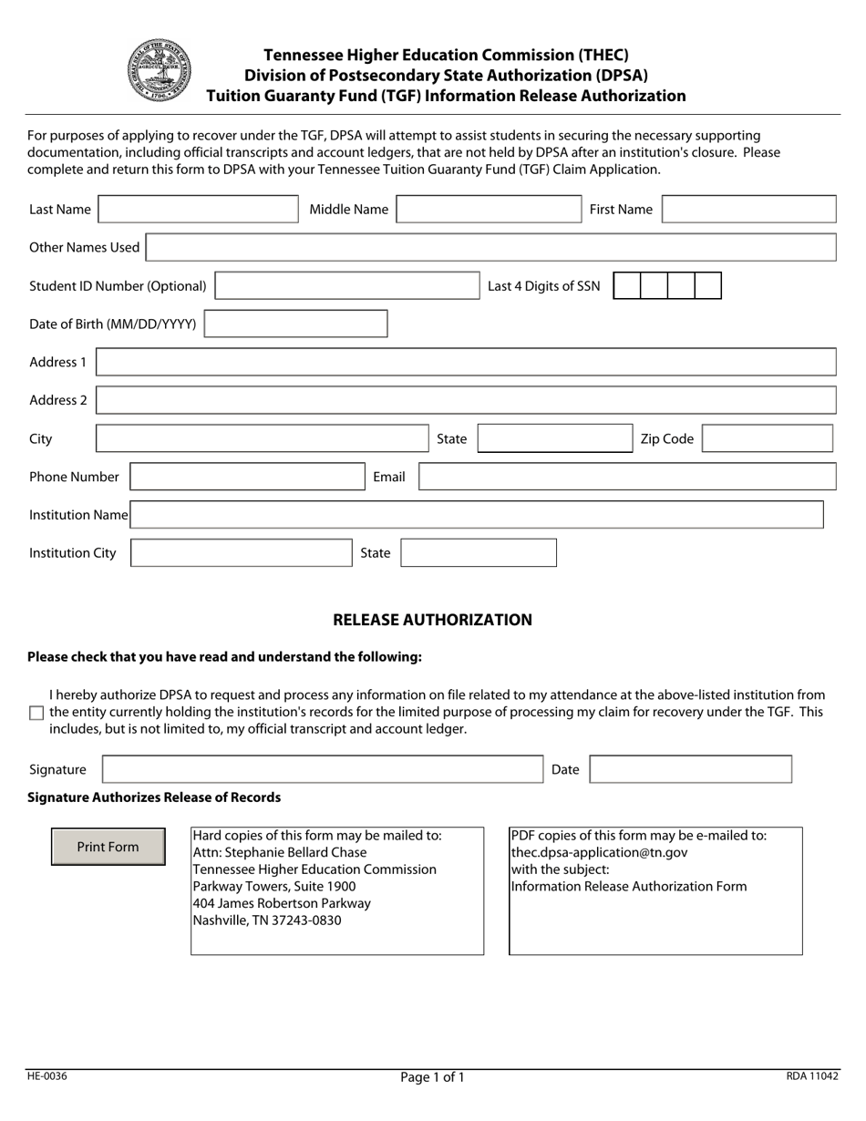 Form HE-0036 Tuition Guaranty Fund (Tgf) Information Release Authorization - Tennessee, Page 1