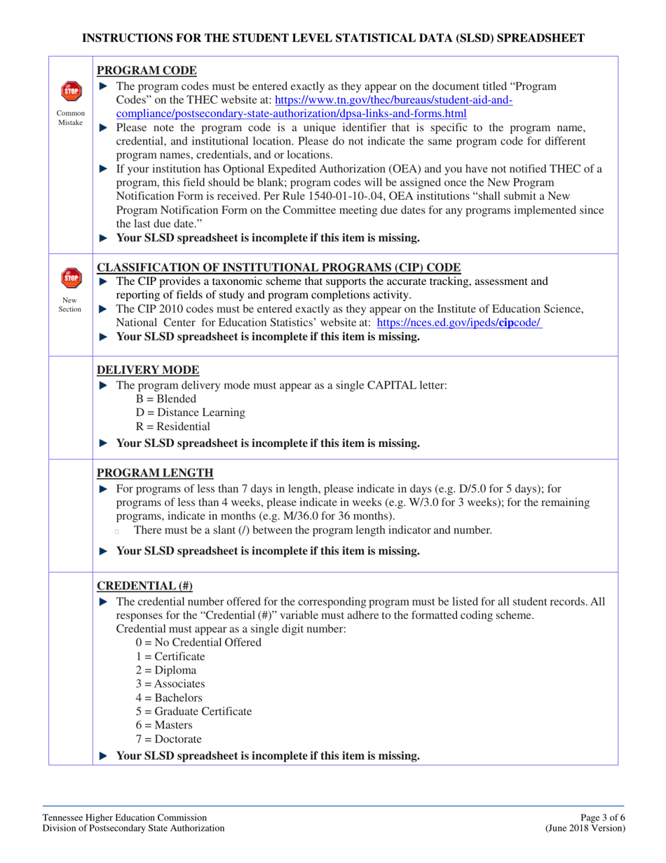 Instructions for The Student Level Statistical Data (Slsd) Spreadsheet - Tennessee, Page 3