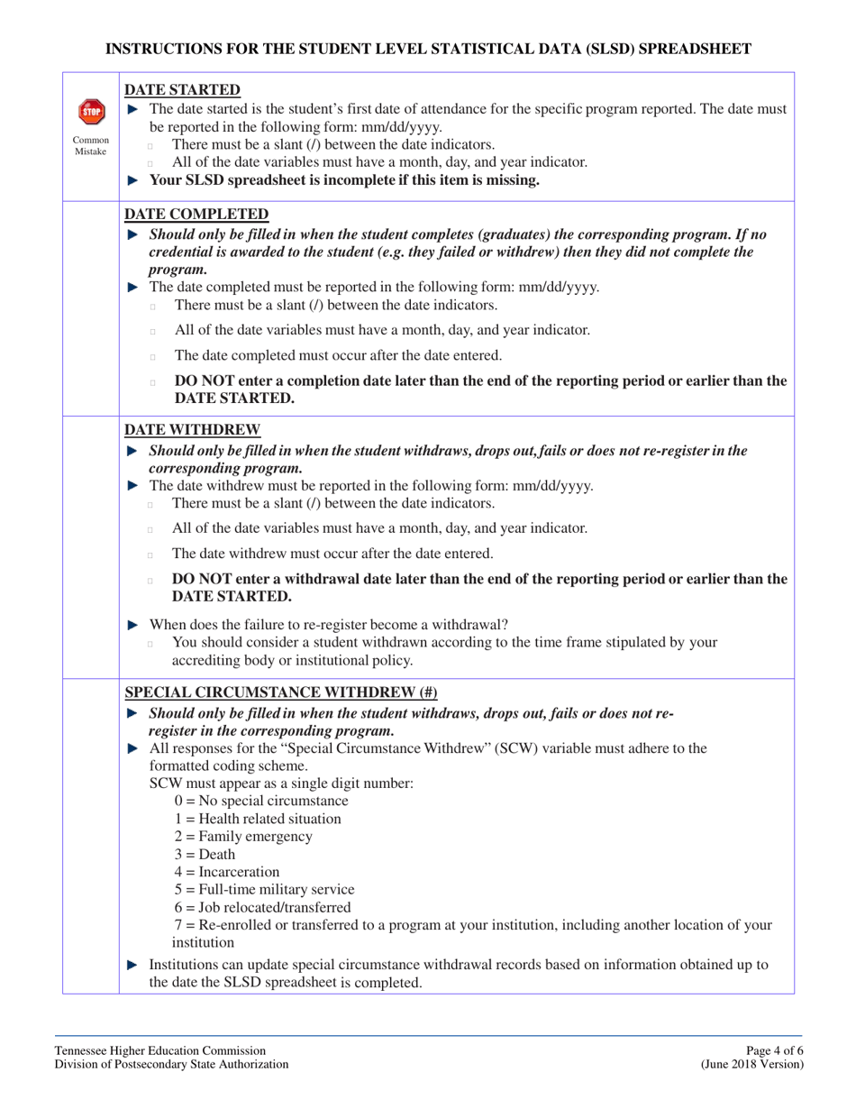 Instructions for The Student Level Statistical Data (Slsd) Spreadsheet - Tennessee, Page 4