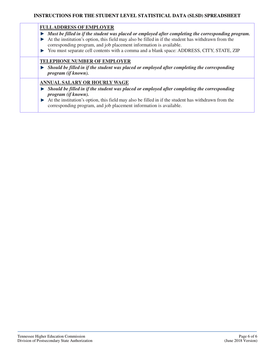 Instructions for The Student Level Statistical Data (Slsd) Spreadsheet - Tennessee, Page 6