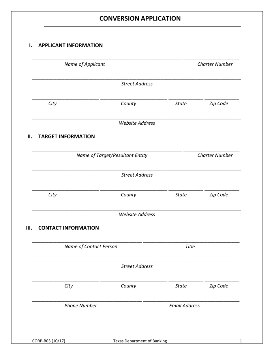 Form CORP-B05 Conversion Application - Texas, Page 1
