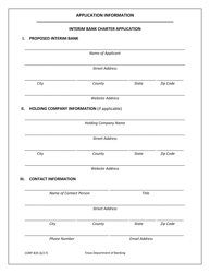 Document preview: Form CORP-B35 Interim Bank Charter Application - Texas