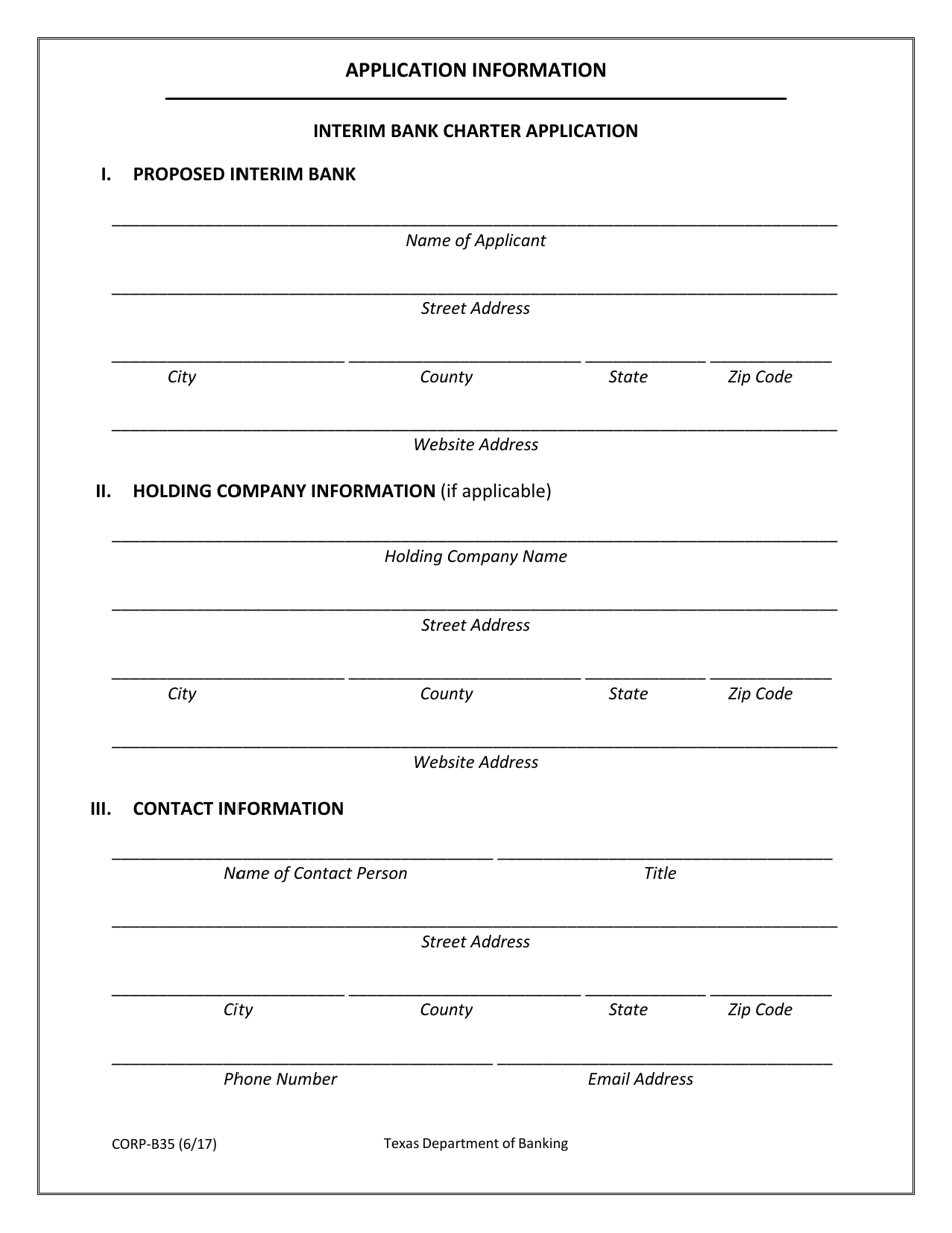 Form CORP-B35 Interim Bank Charter Application - Texas, Page 1
