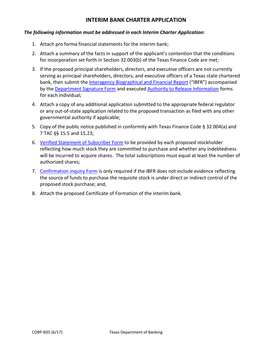 Form CORP-B35 Interim Bank Charter Application - Texas, Page 2