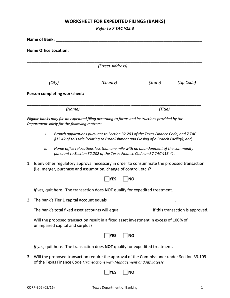 Form CORP-B06 Worksheet for Expedited Filings (Banks) - Texas, Page 1
