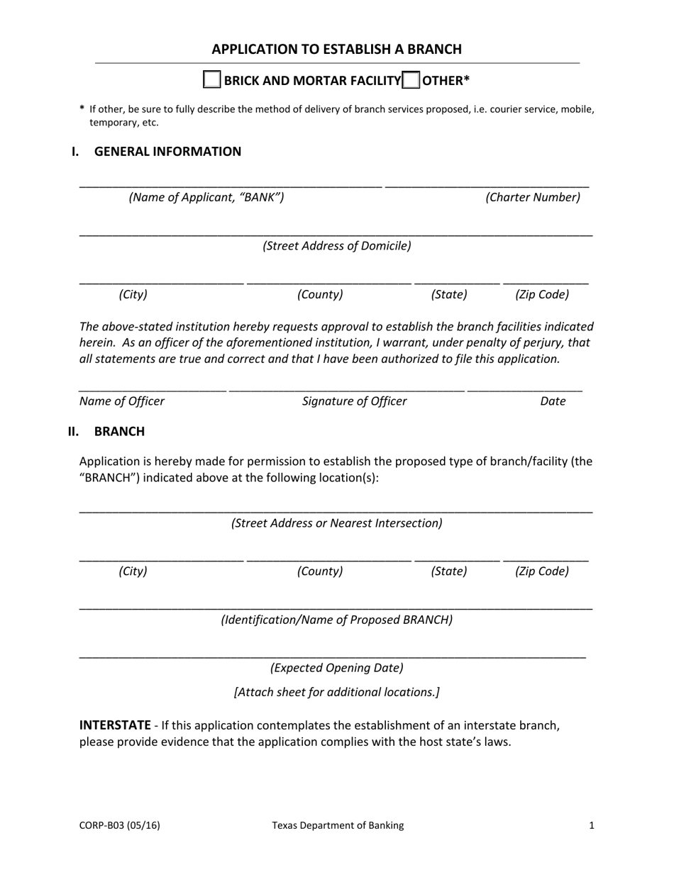 Form CORP-B03 Application to Establish a Branch - Texas, Page 1