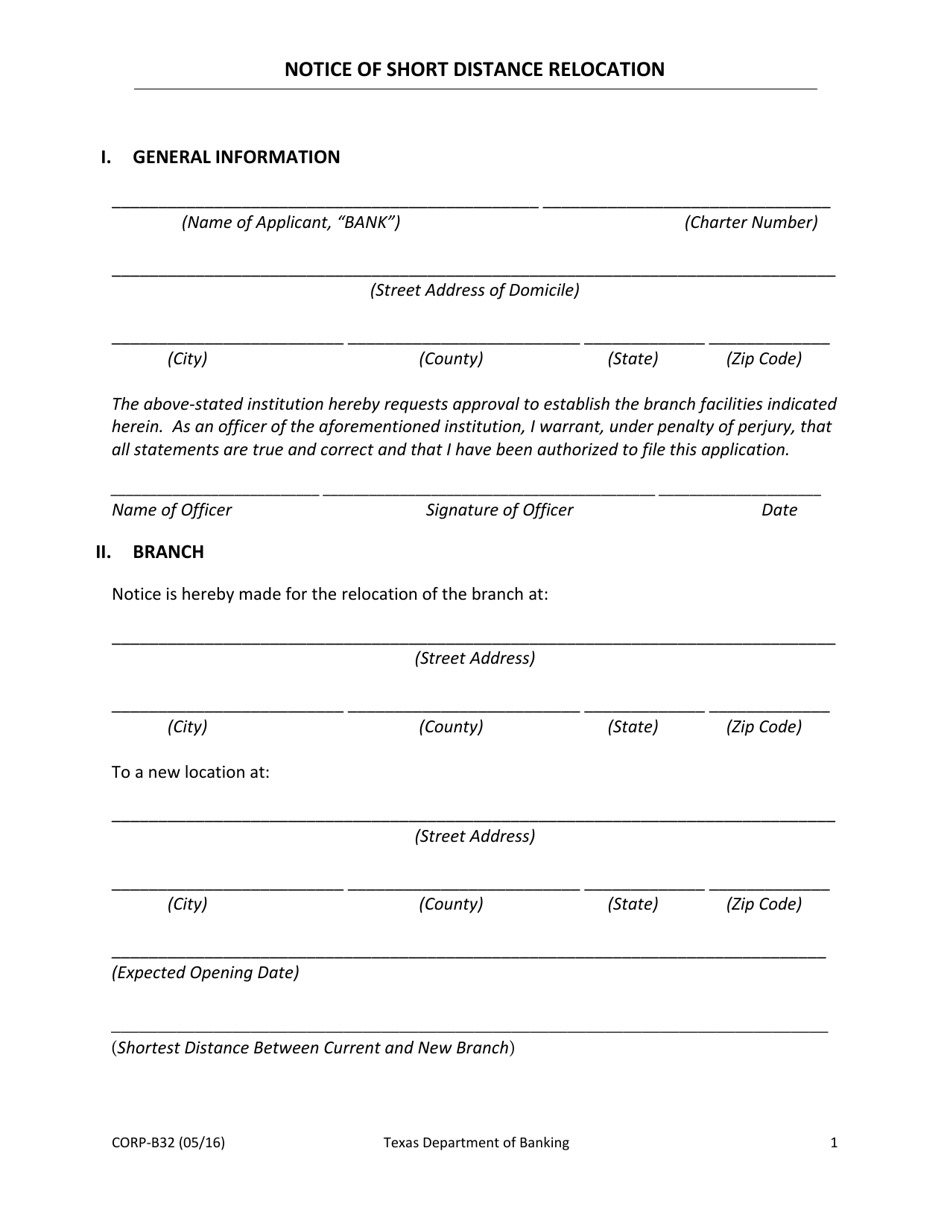 Form CORP-B32 Notice of Short Distance Relocation - Texas, Page 1