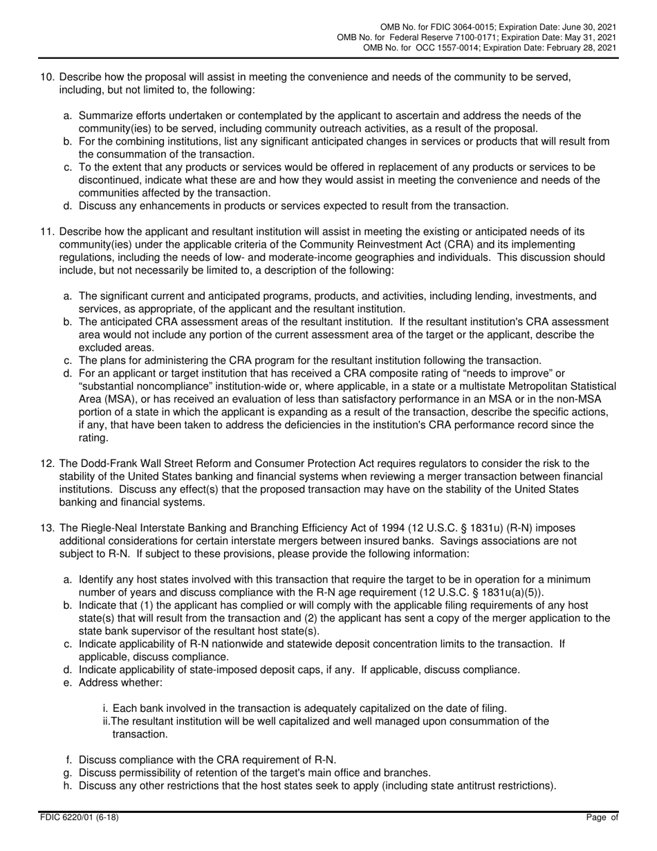 FDIC Form 6220 / 01 Interagency Bank Merger Act Application, Page 6