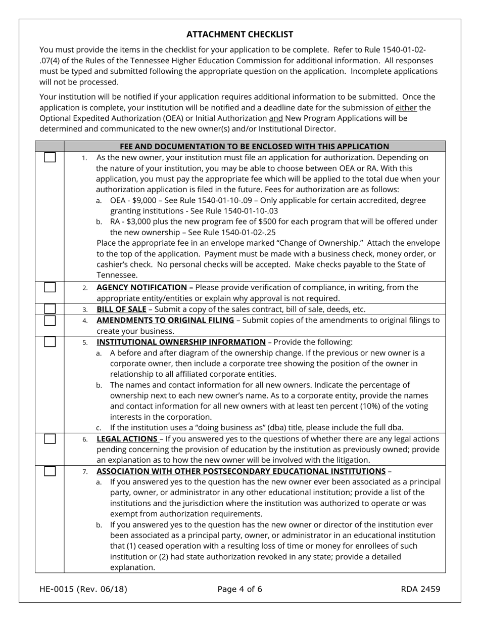 Form HE-0015 Application for Change of Ownership and Request for Conditional Authorization - Tennessee, Page 4