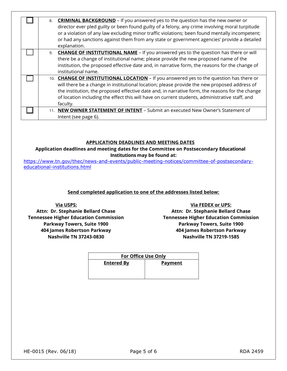 Form HE-0015 Application for Change of Ownership and Request for Conditional Authorization - Tennessee, Page 5