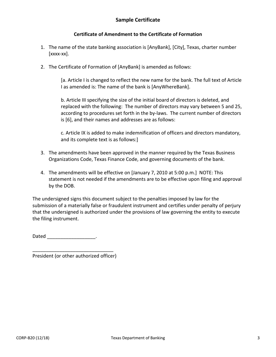 Form CORP-B20 Amendment and / or Restatement of the Certificate of Formation of a Texas State Banking Association - Texas, Page 3