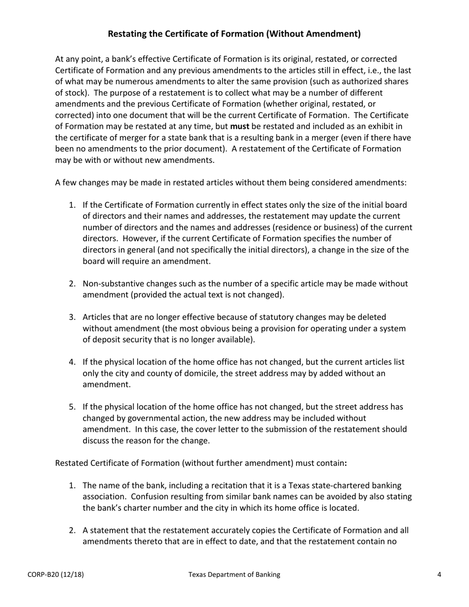 Form CORP-B20 Amendment and / or Restatement of the Certificate of Formation of a Texas State Banking Association - Texas, Page 4