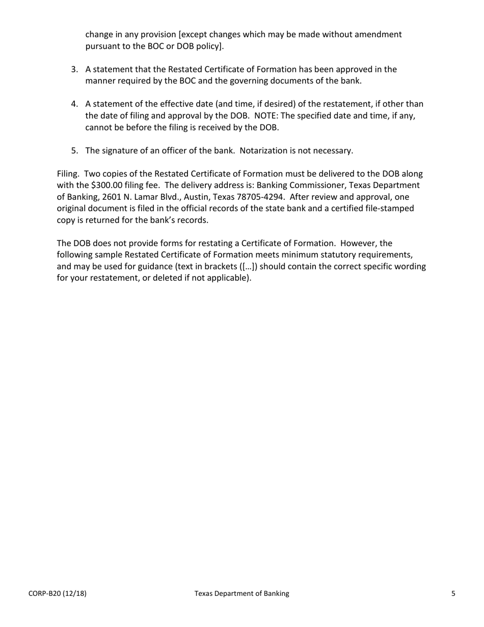 Form CORP-B20 Amendment and / or Restatement of the Certificate of Formation of a Texas State Banking Association - Texas, Page 5