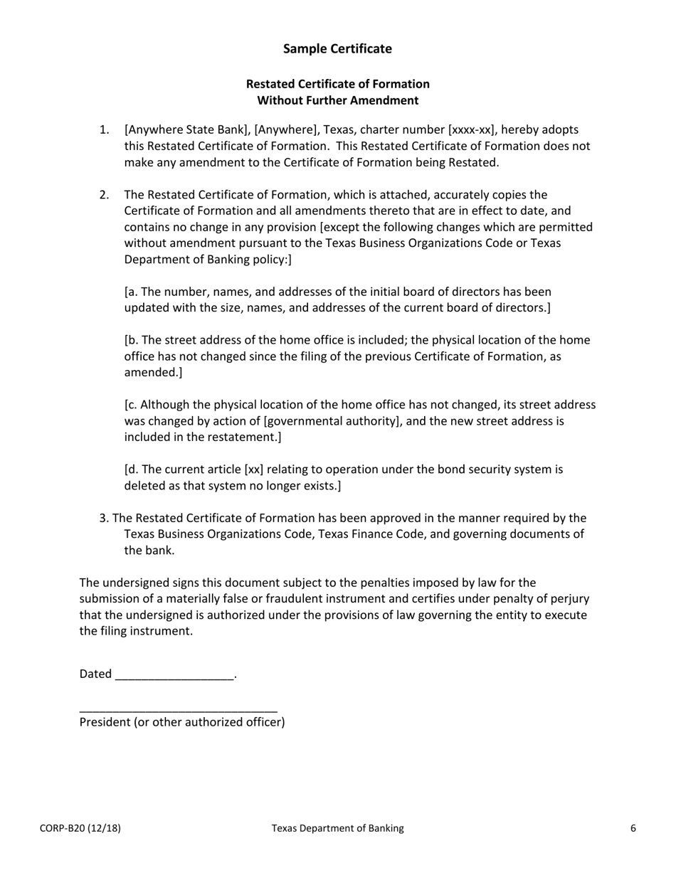 Form CORP-B20 Amendment and / or Restatement of the Certificate of Formation of a Texas State Banking Association - Texas, Page 6