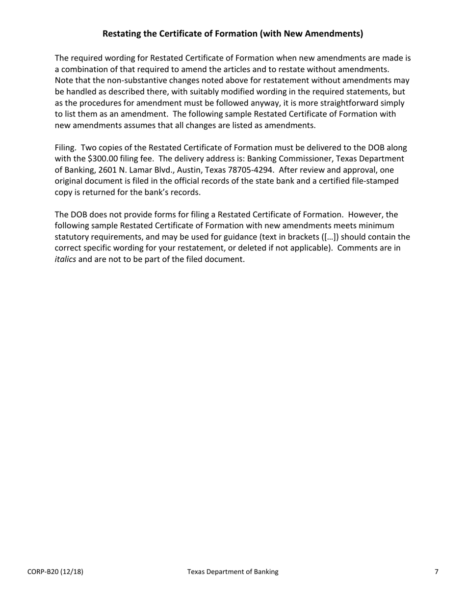 Form CORP-B20 Amendment and / or Restatement of the Certificate of Formation of a Texas State Banking Association - Texas, Page 7