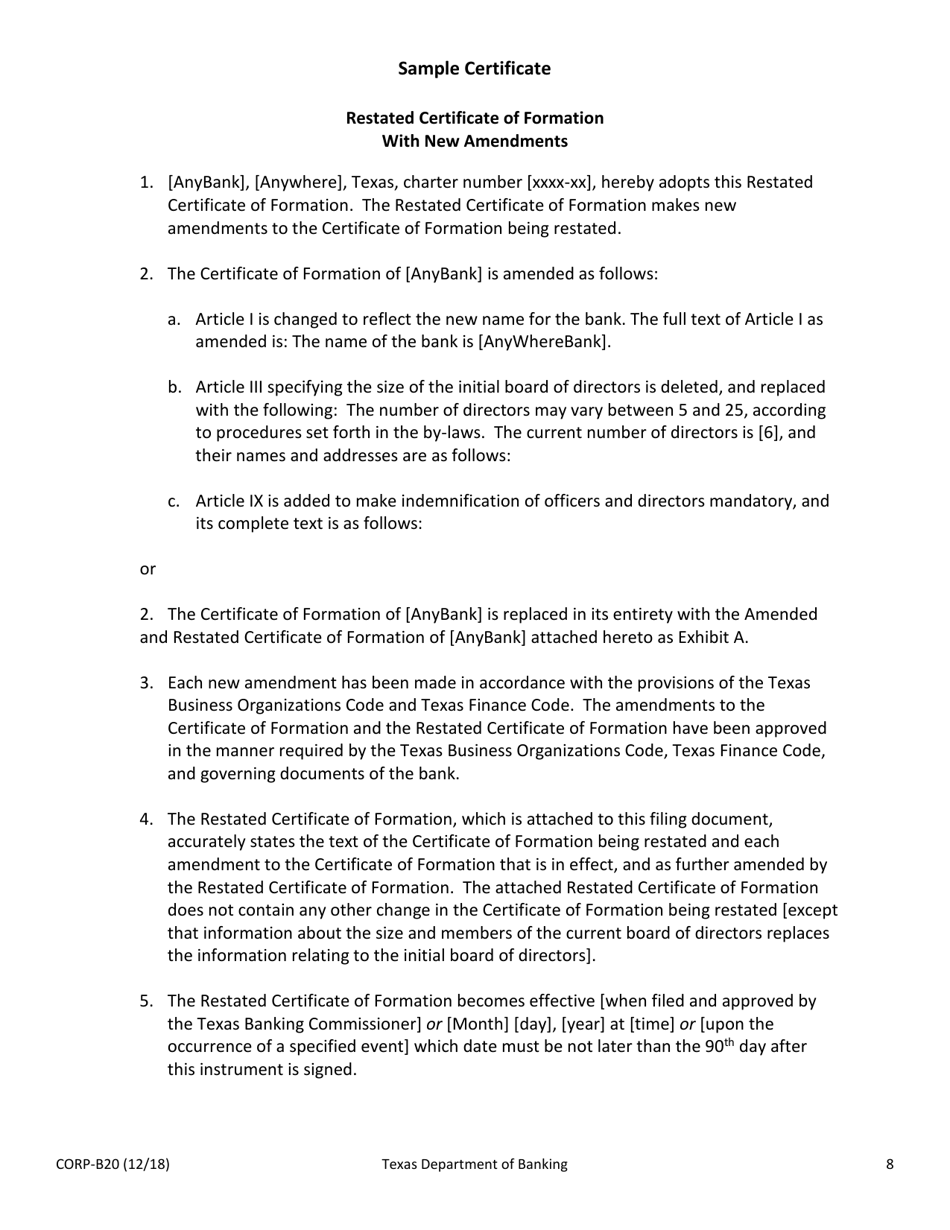 Form CORP-B20 Amendment and / or Restatement of the Certificate of Formation of a Texas State Banking Association - Texas, Page 8