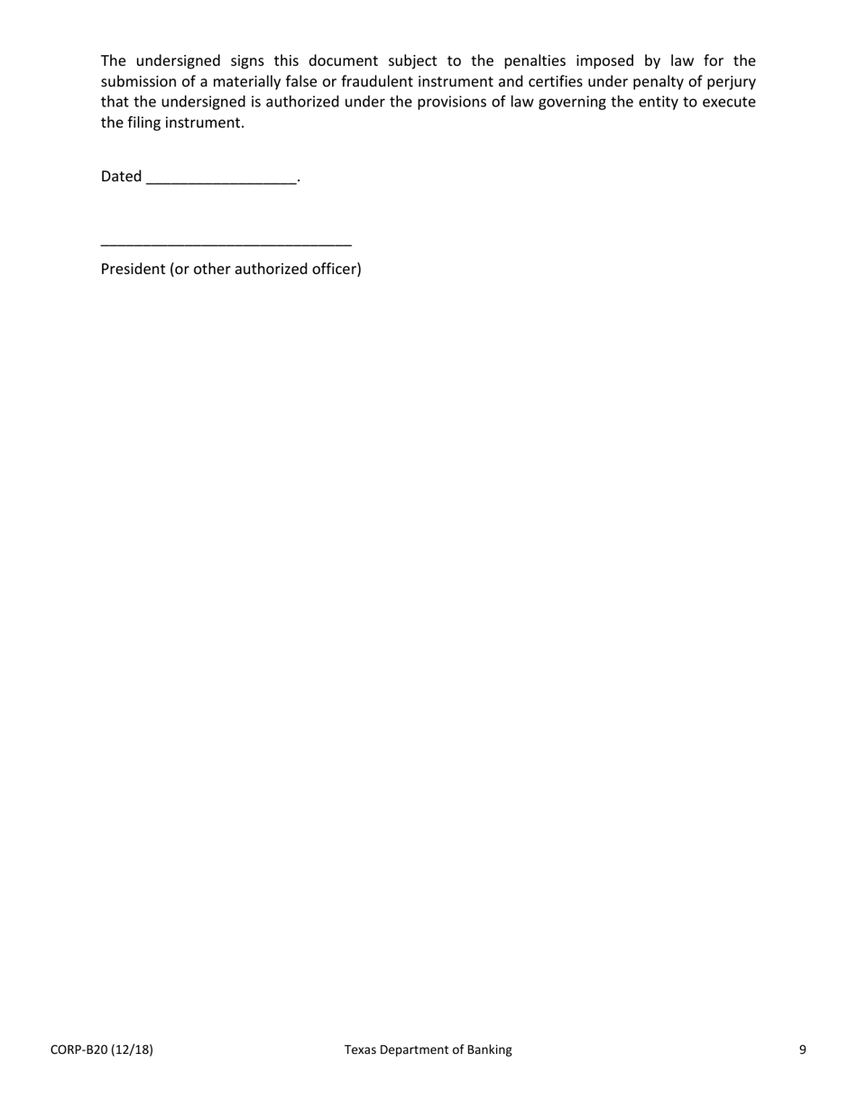 Form CORP-B20 Amendment and / or Restatement of the Certificate of Formation of a Texas State Banking Association - Texas, Page 9