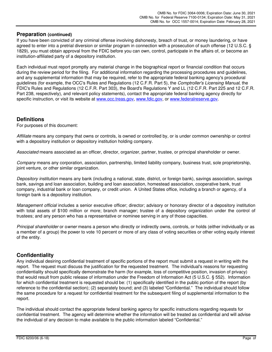 FDIC Form 6200 / 06 Interagency Biographical and Financial Report, Page 2