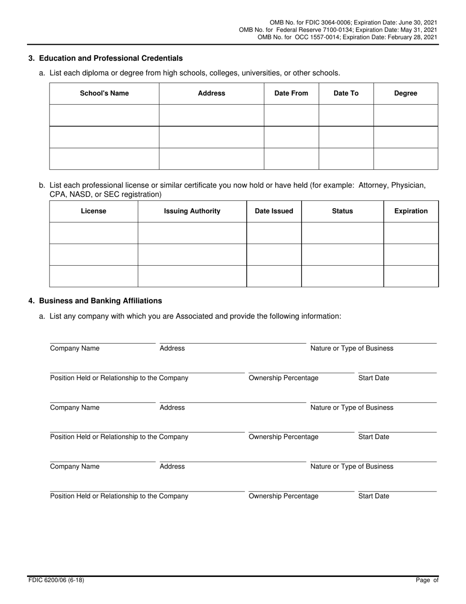 FDIC Form 6200 / 06 Interagency Biographical and Financial Report, Page 9