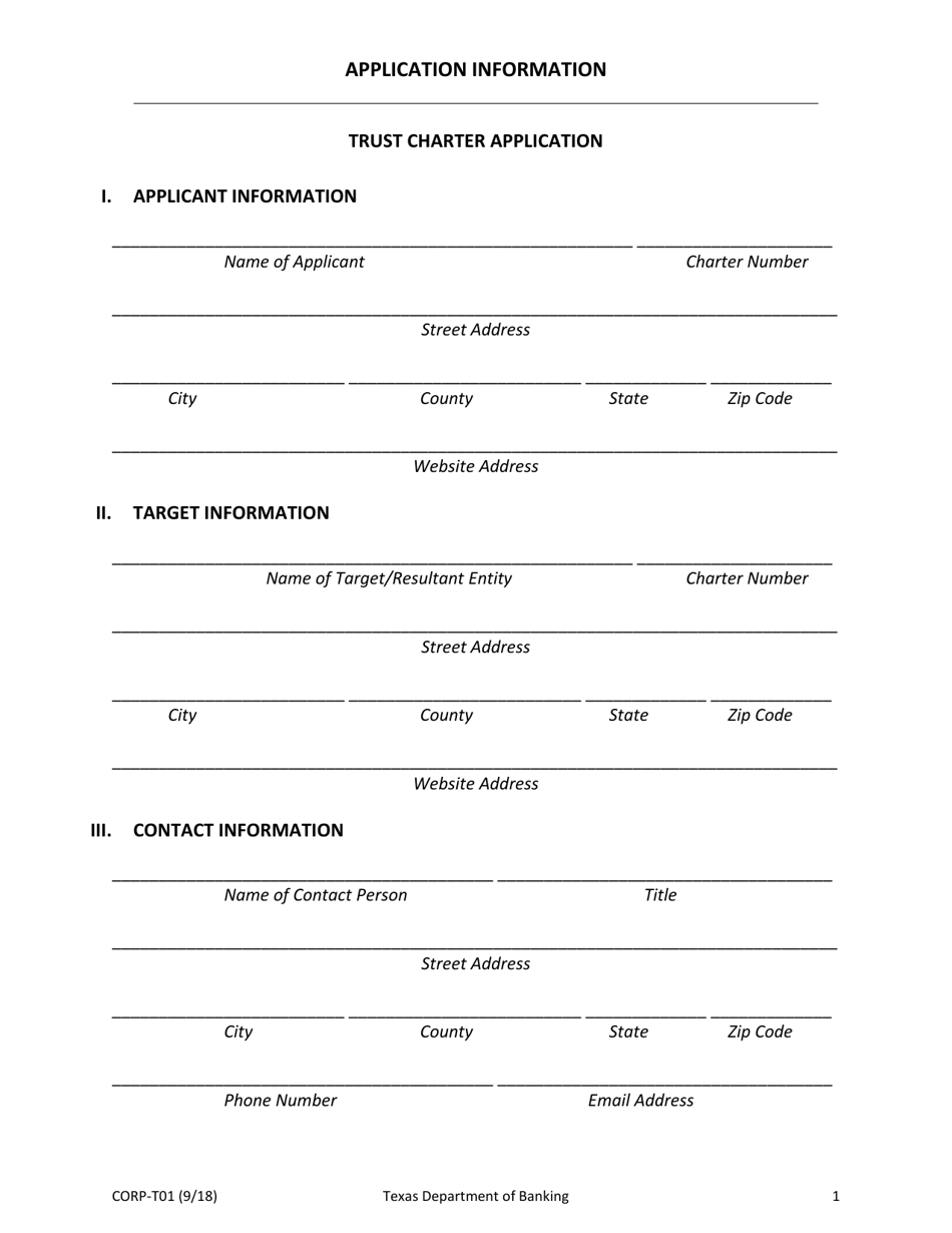 Form CORP-T01 Trust Company Charter Application - Texas, Page 1