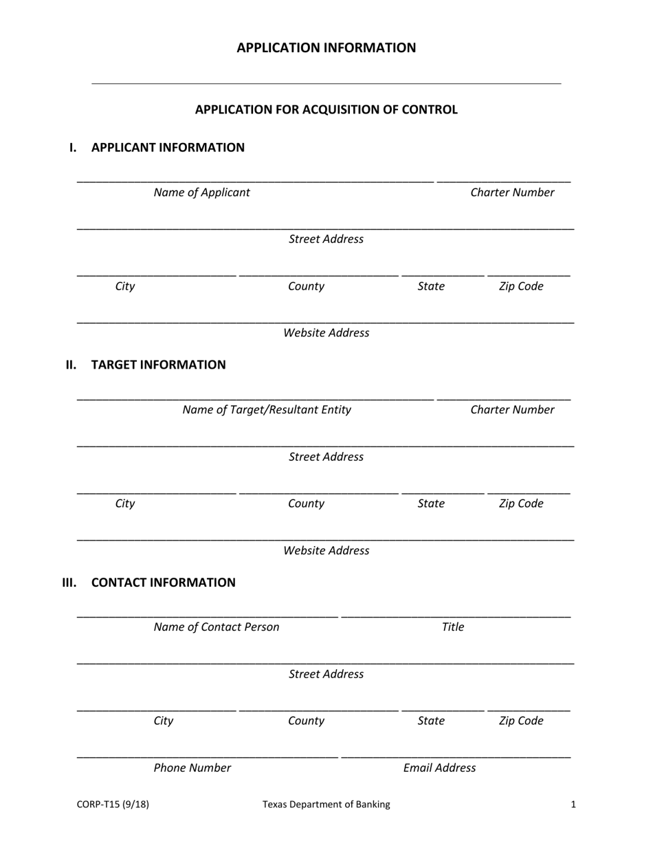 Form CORP-T15 Application for Acquisition of Control - Texas, Page 1