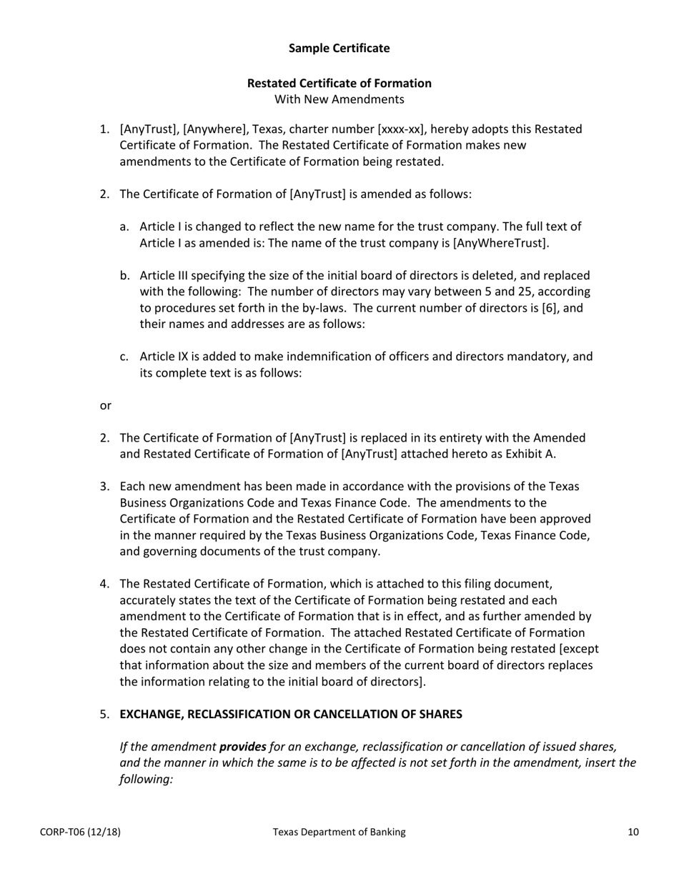 Sample Form CORP-T06 Amendment and / or Restatement of Certificate of Formation of a Texas Trust Company - Texas, Page 10