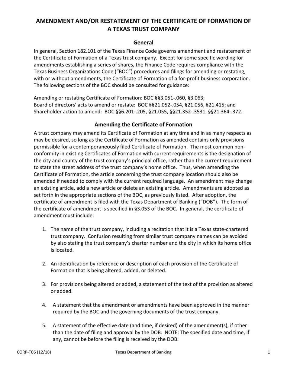 Sample Form CORP-T06 Amendment and / or Restatement of Certificate of Formation of a Texas Trust Company - Texas, Page 1