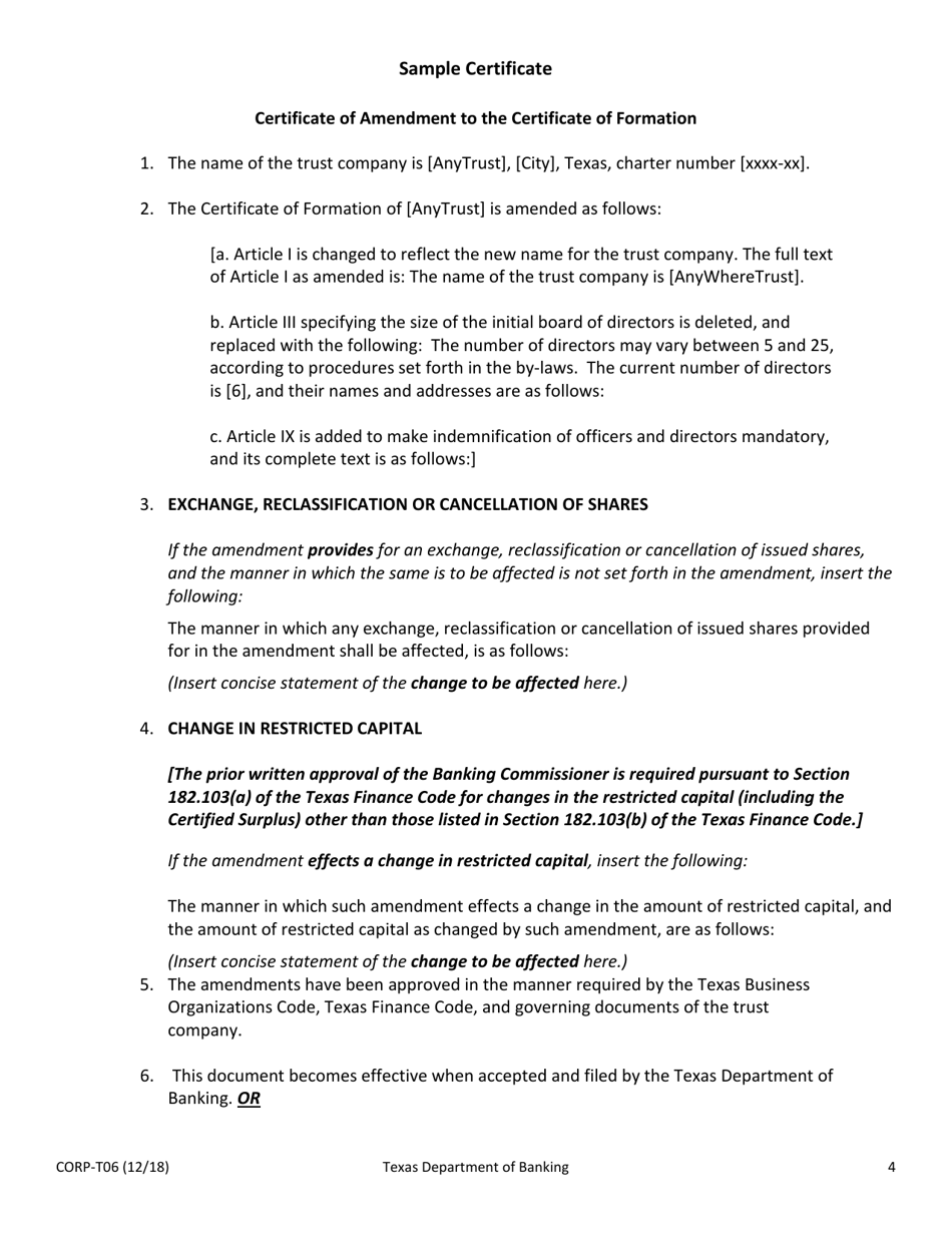 Sample Form CORP-T06 Amendment and / or Restatement of Certificate of Formation of a Texas Trust Company - Texas, Page 4