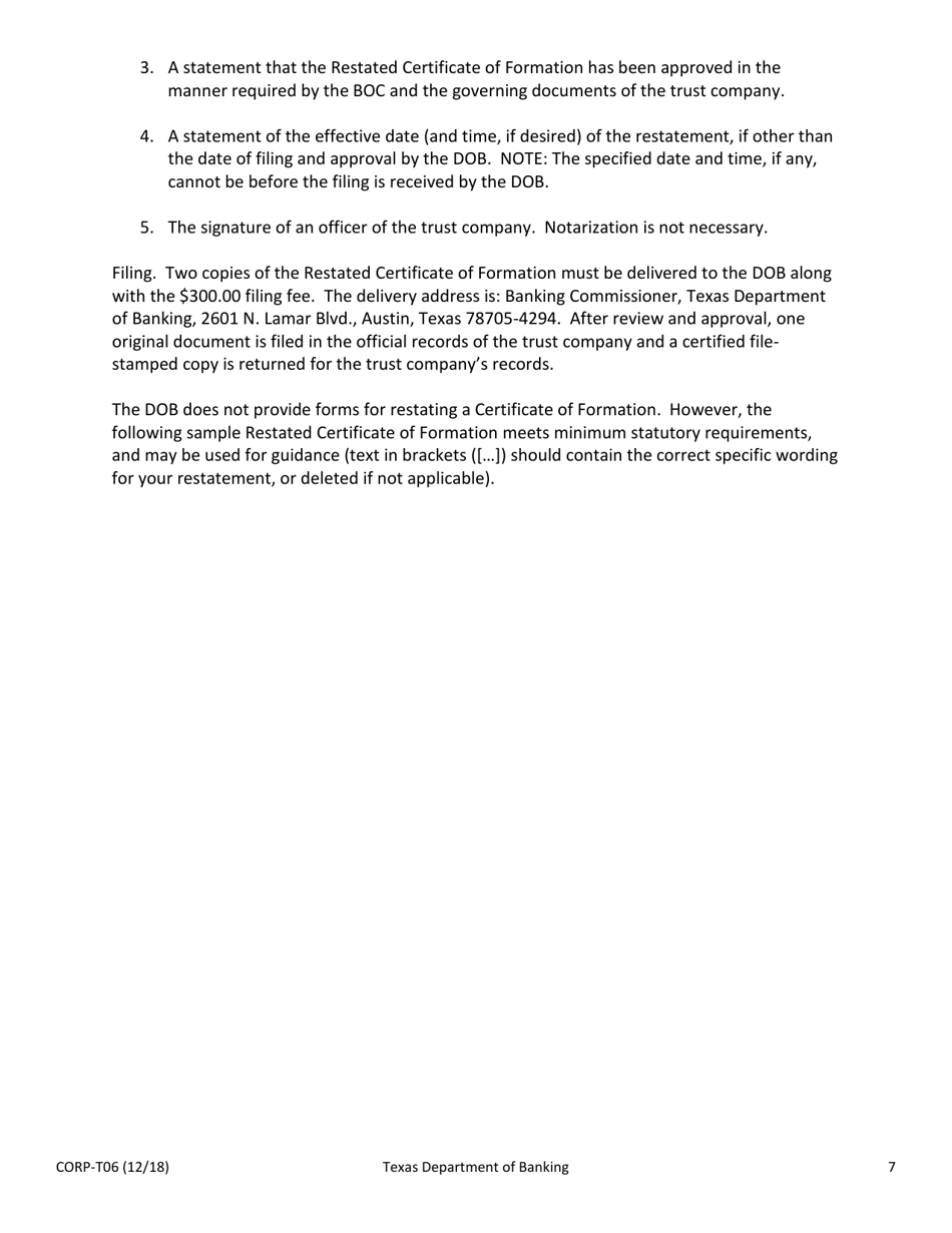 Sample Form CORP-T06 Amendment and / or Restatement of Certificate of Formation of a Texas Trust Company - Texas, Page 7