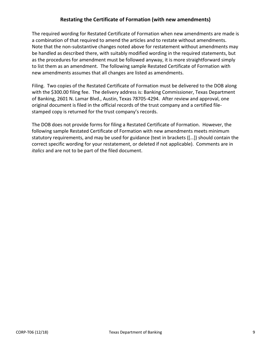 Sample Form CORP-T06 Amendment and / or Restatement of Certificate of Formation of a Texas Trust Company - Texas, Page 9