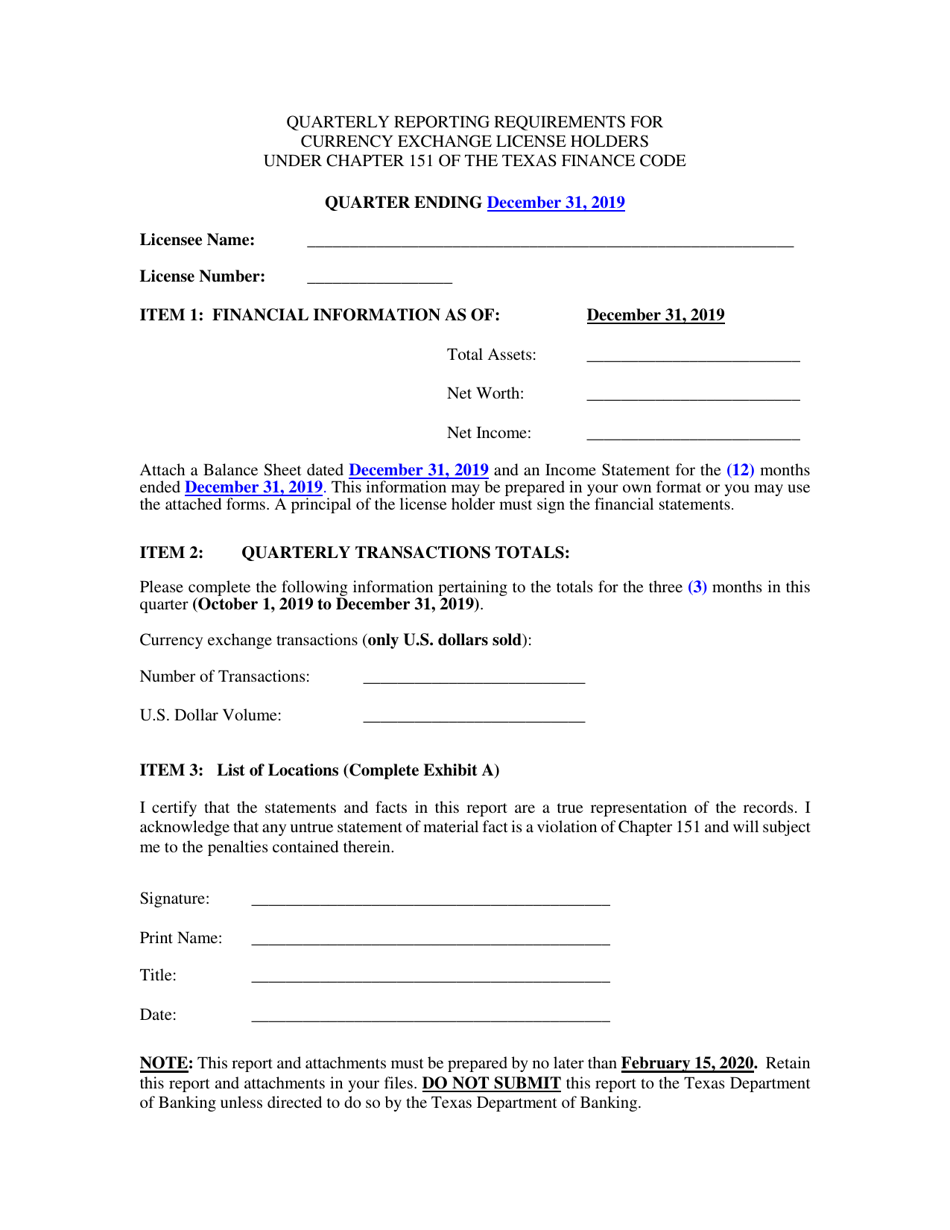 Quarterly Reporting Requirements for Currency Exchange License Holders Under Chapter 151 of the Texas Finance Code - 4th Quarter - Texas, Page 1