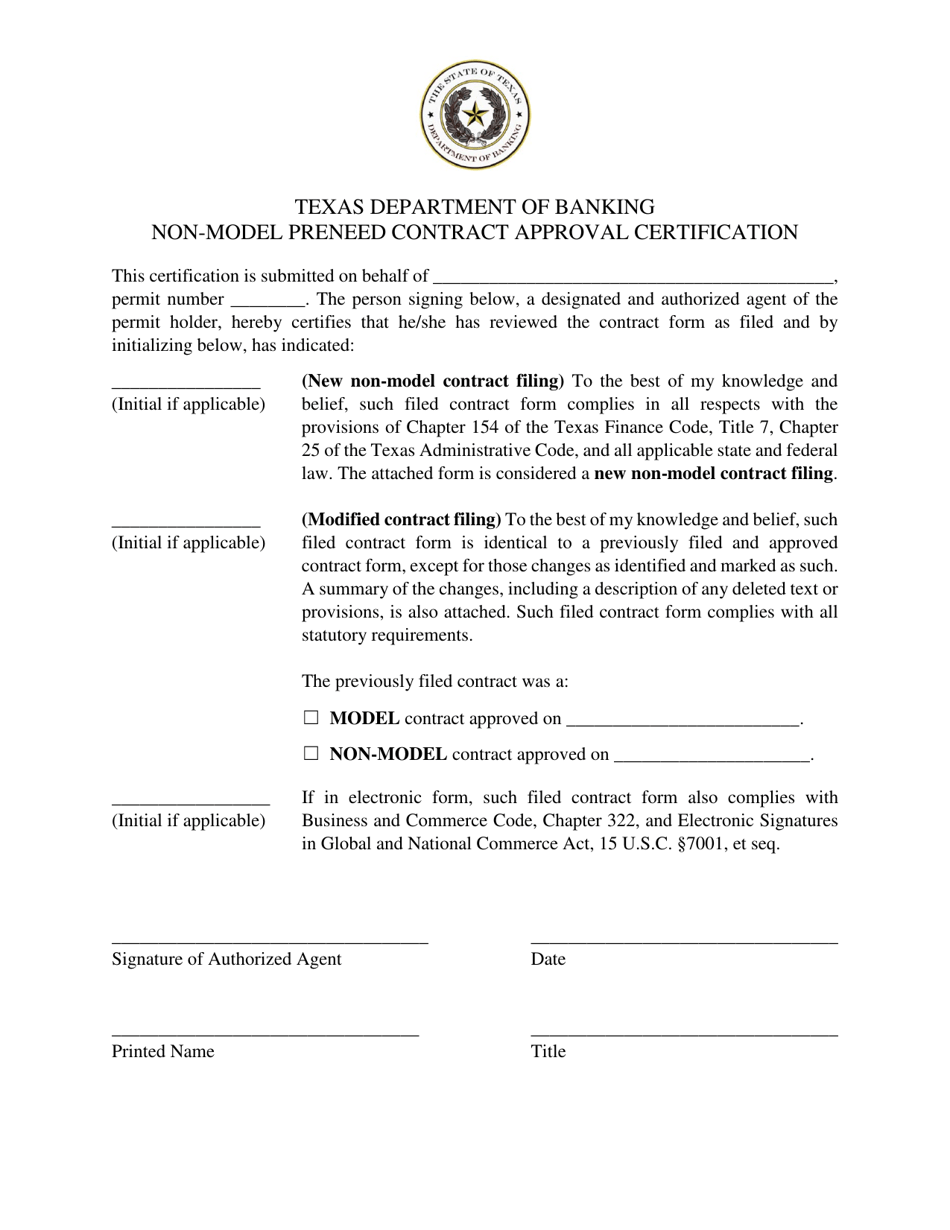 Non-model Preneed Contract Approval Certification - Texas, Page 1