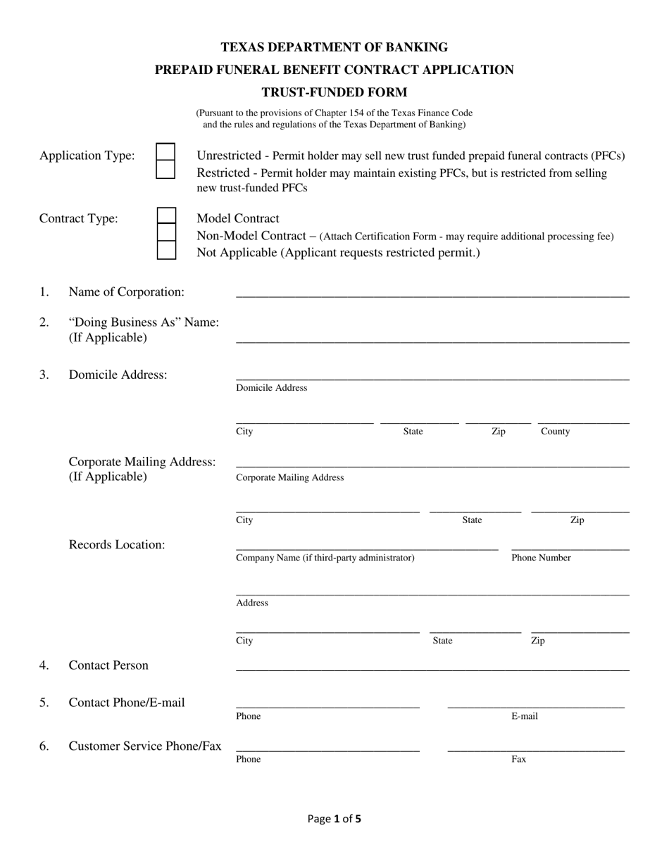 Prepaid Funeral Benefit Contract Application - Trust-Funded Form - Texas, Page 1