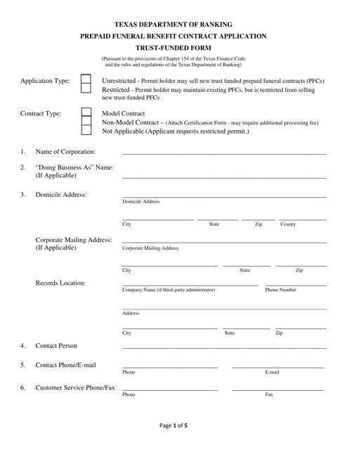 Prepaid Funeral Benefit Contract Application - Trust-Funded Form - Texas Download Pdf