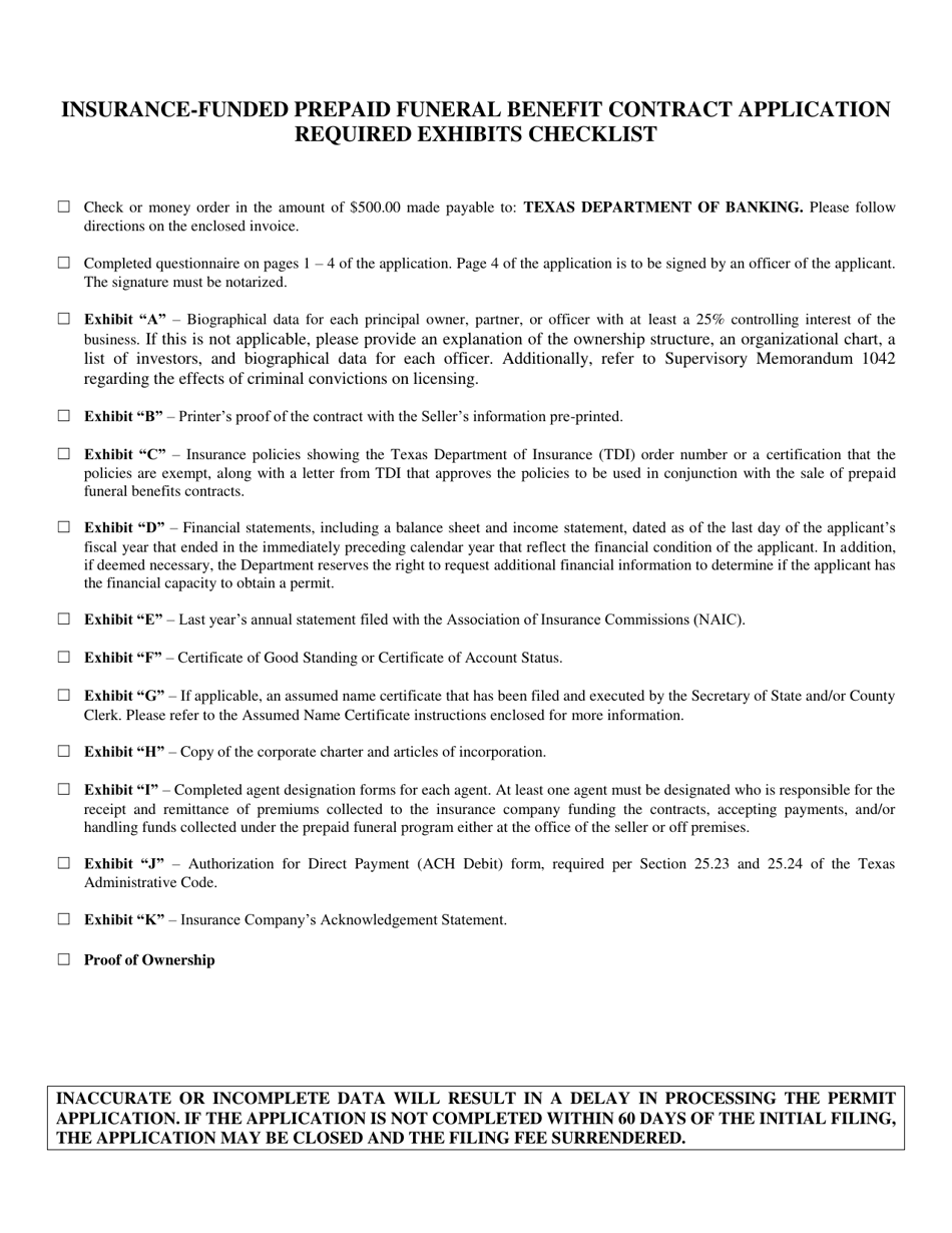 Insurance-Funded Prepaid Funeral Benefit Contract Application Required Exhibits Checklist - Texas, Page 1