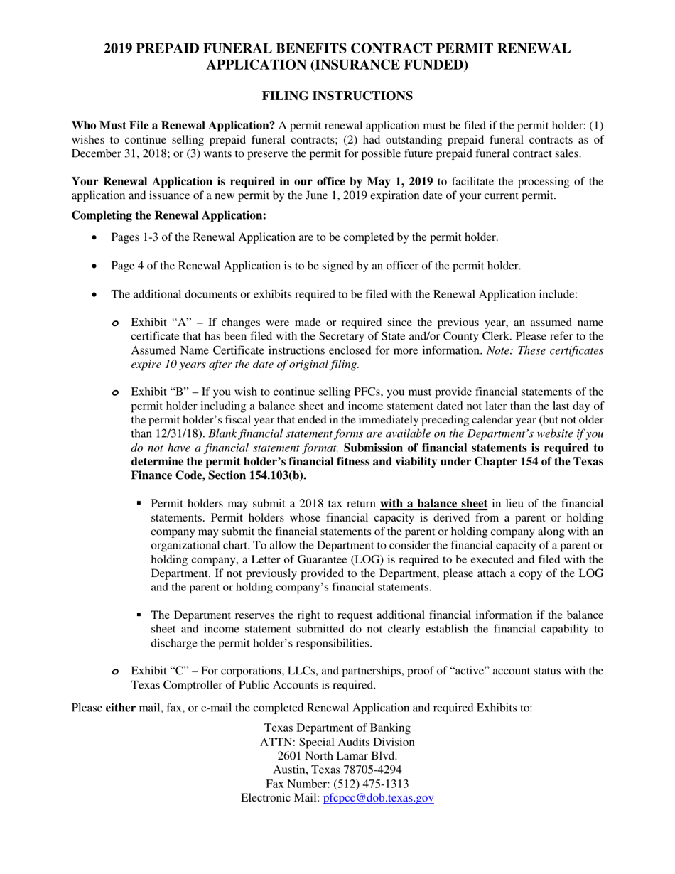 Prepaid Funeral Benefits Contract Permit Renewal Application (Insurance Funded) - Texas, Page 1