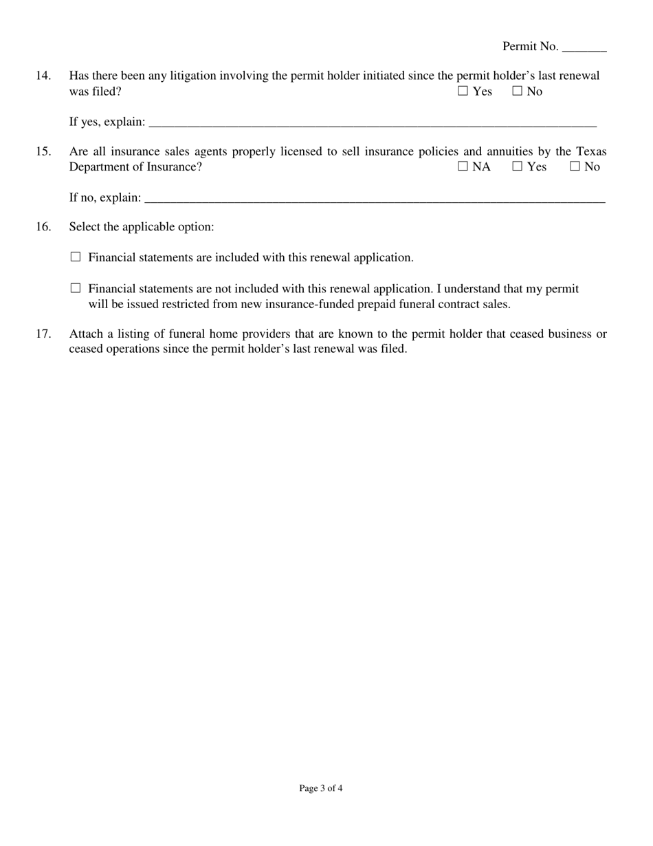Prepaid Funeral Benefits Contract Permit Renewal Application (Insurance Funded) - Texas, Page 4