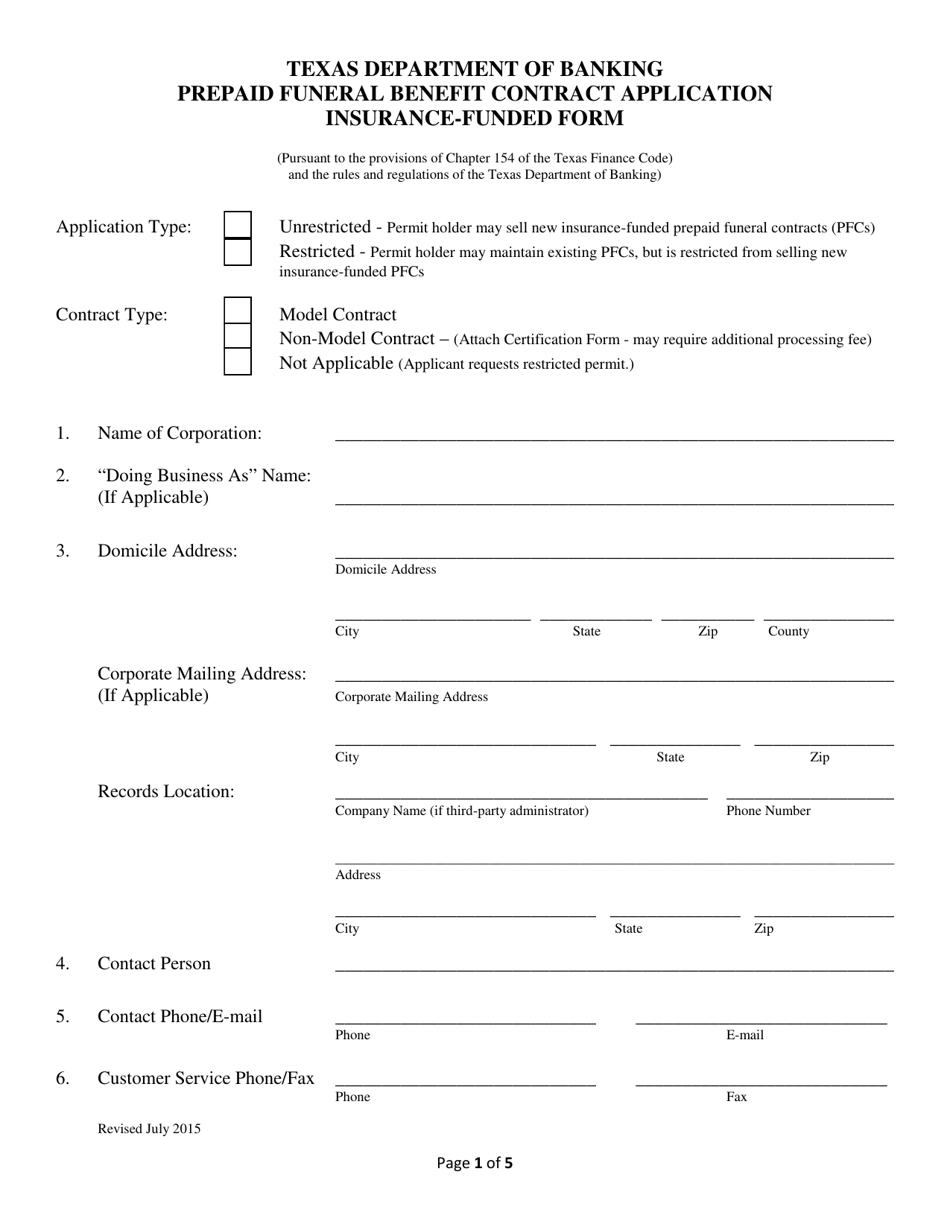 Prepaid Funeral Benefit Contract Application - Insurance-Funded Form - Texas, Page 1